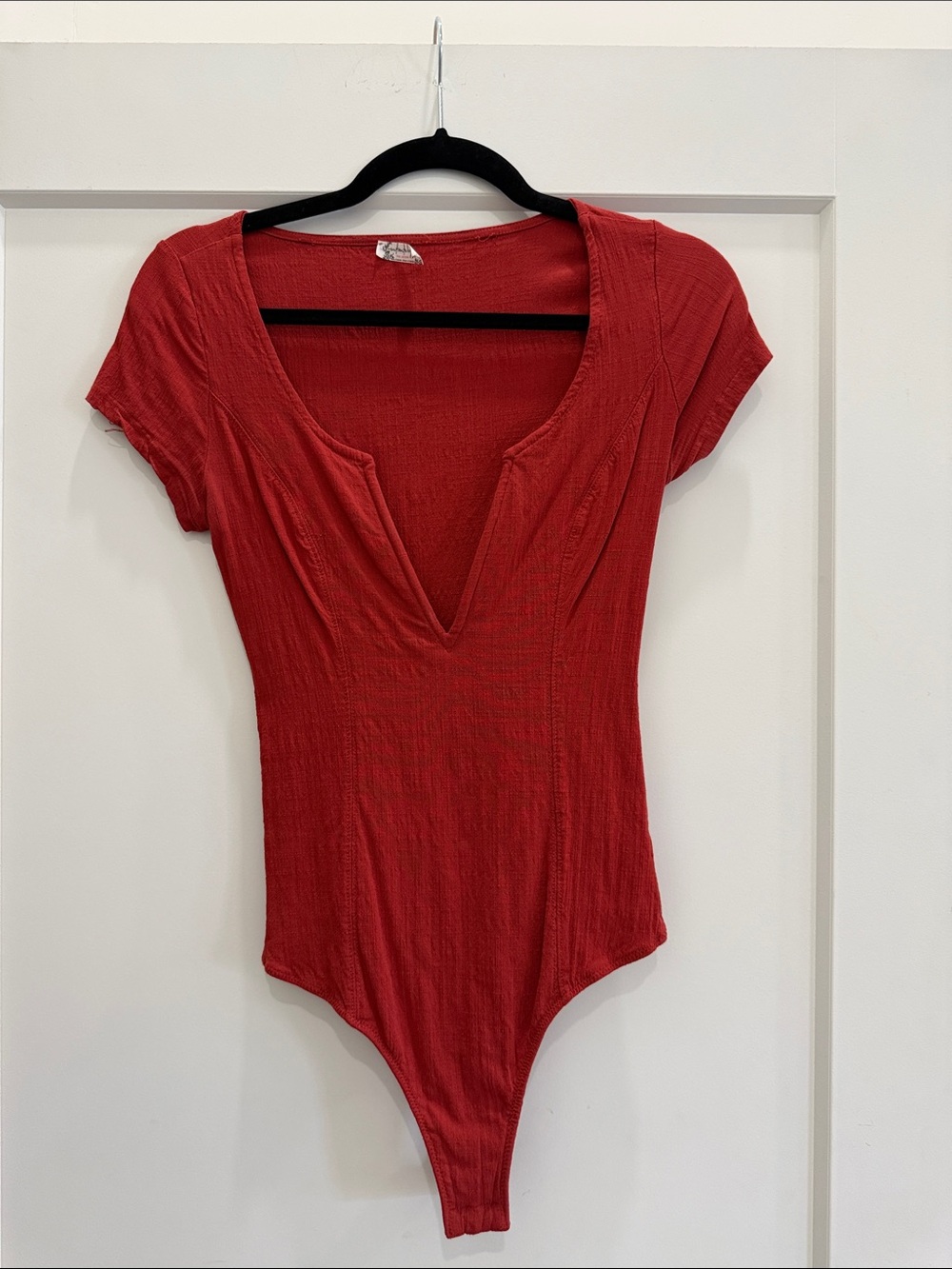 Free People Red Deep V Short Sleeve Bodysuit
